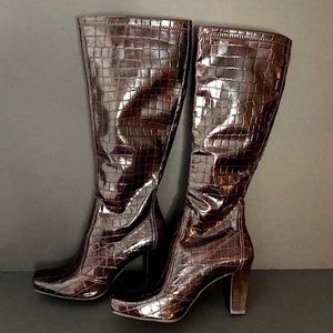 Franco Sarto Brown Crocodile Skin Square Toe Boots